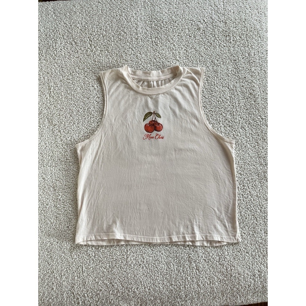 Organic Generation Mom‎ Cheri Cherry Graphic Tank Top Cream Pastel Cottagecore L